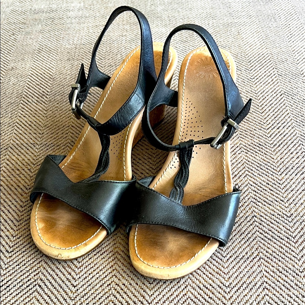 UGG Black Leather strappy Sandals with 3” cork heel